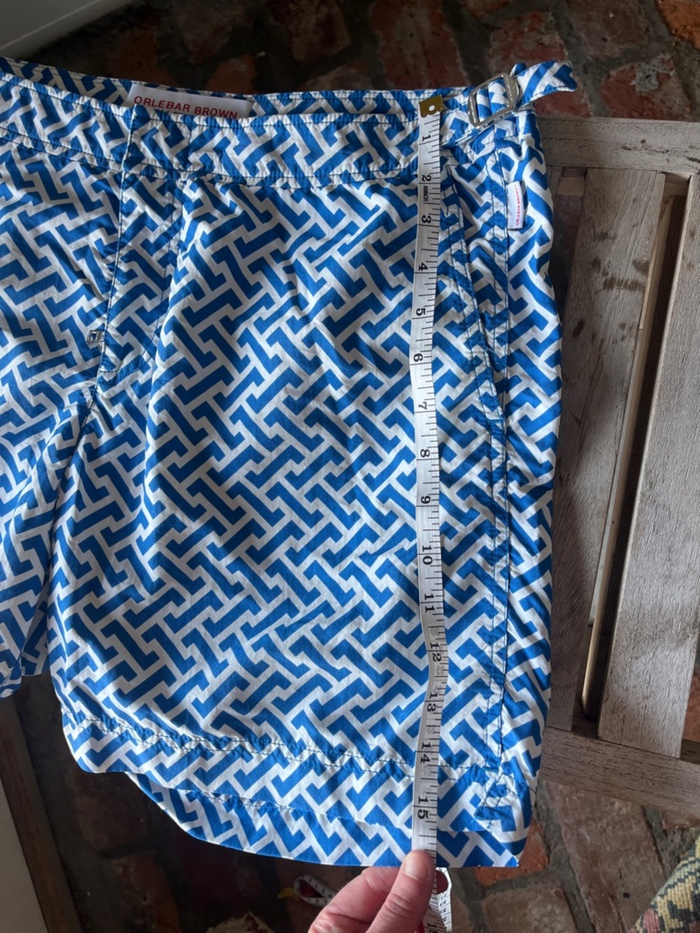 Orlebar Brown Bulldog Swim Shorts Blue White Geometric Print Size 34 - Picture 15 of 16